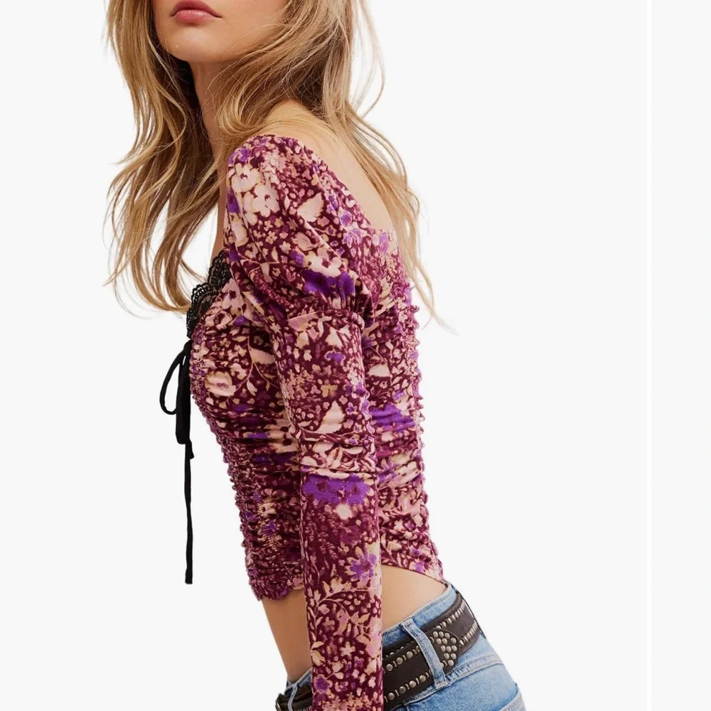 Free People Boho Sweetheart Feminine Purple Floral Long Sleeve Top NWT Medium